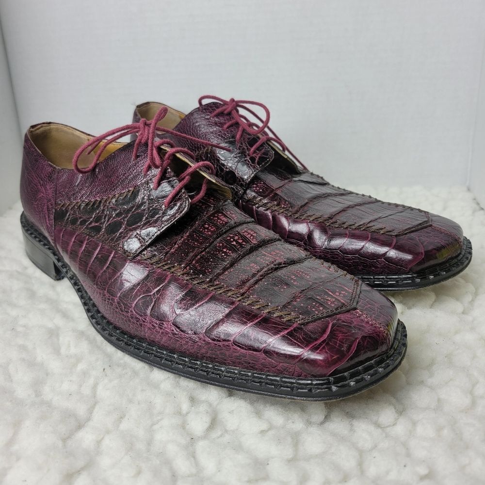 David Eden Croco Ostrich Mens Oxford Shoes Size 12 Burgundy Leather Square Toe